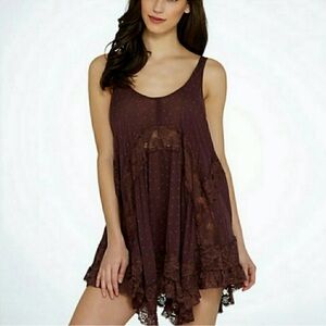 Intimately Free People XS Brown Blue Lace Trim Babydoll Tunic Mini Dress Boho